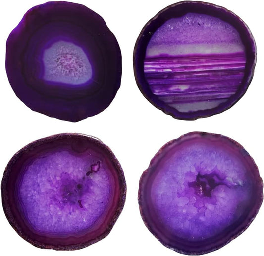 4Pcs Agate Coaster for Drinks Purple Irregular Crystal Coasters Dyed with Rubber Bumpers for Coffee Wine or Bar Glasses 4-5"