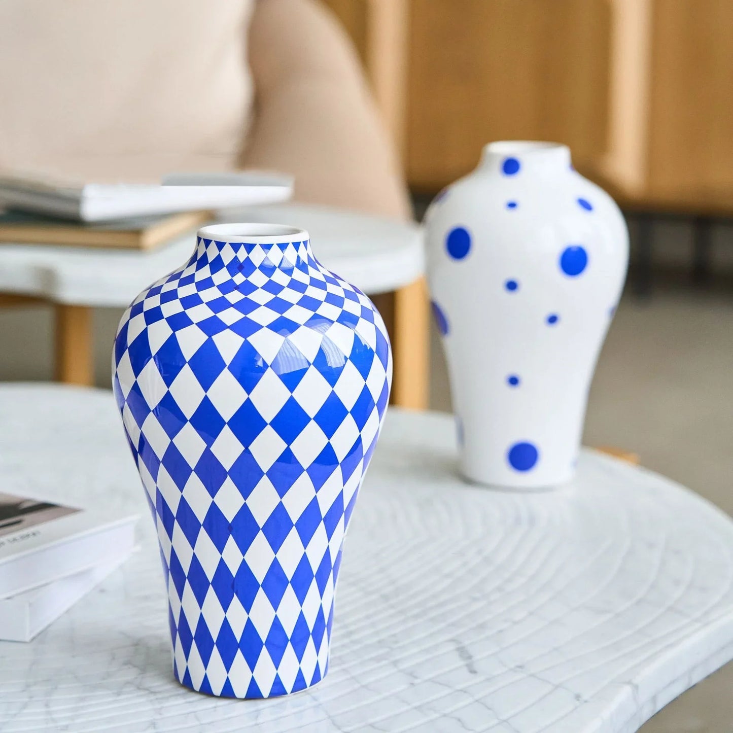 Blue & White Ceramic Vase (Striped, Checkered or Dotted)