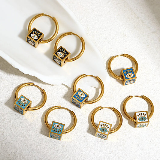 18K Gold Plated Enamel Evil Eye Cube Earrings