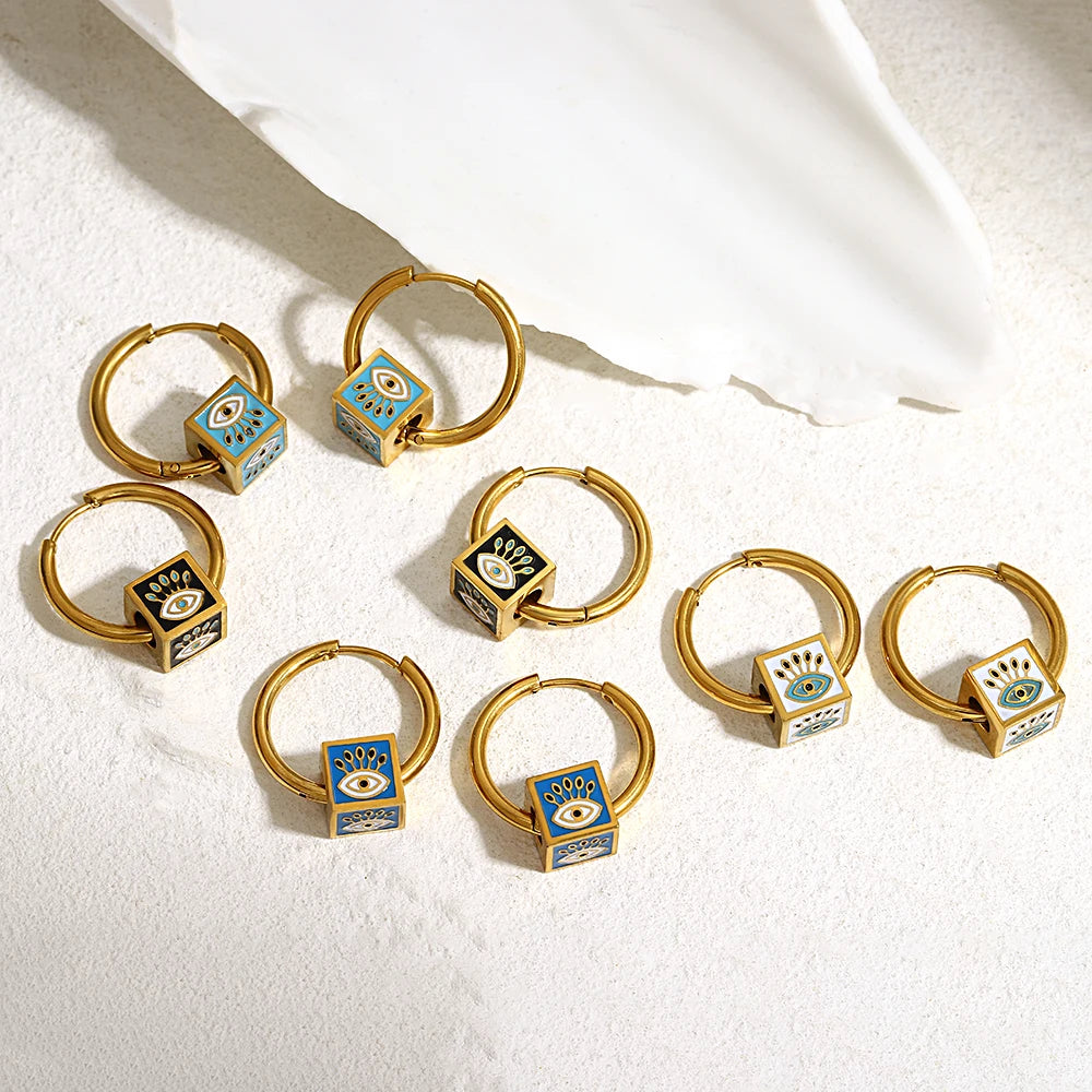 18K Gold Plated Enamel Evil Eye Cube Earrings