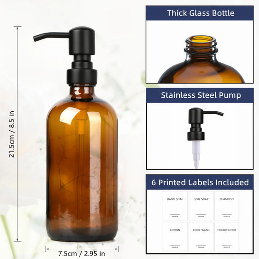 Amber Glass Soap Dispenser with Black Pump (2 pieces)