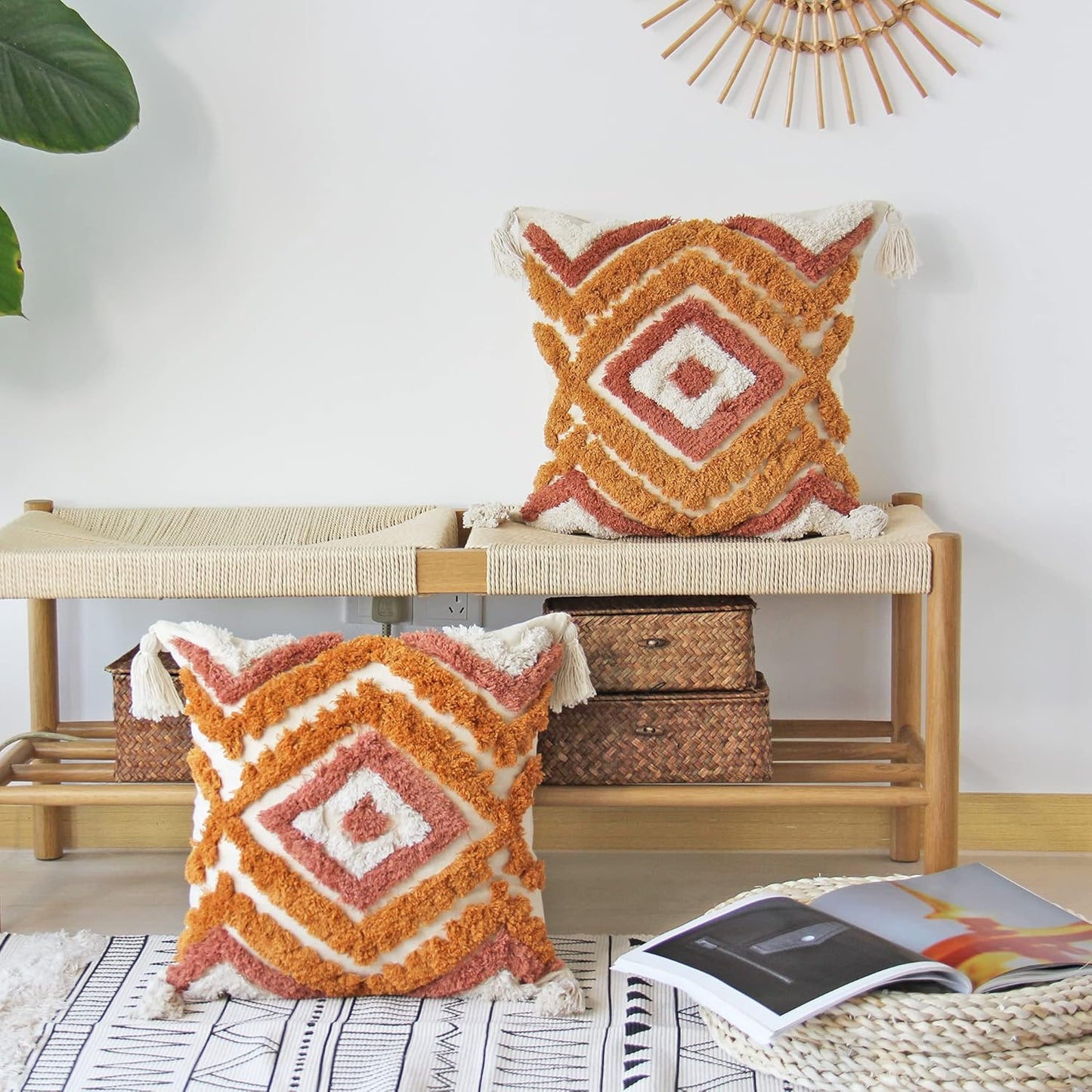 Boho Throw Pillow Covers with Handmade Tassels Decorative Woven Tufted Burnt Orange Pillowcase for Couch Bedroom 18 X 18 Inch