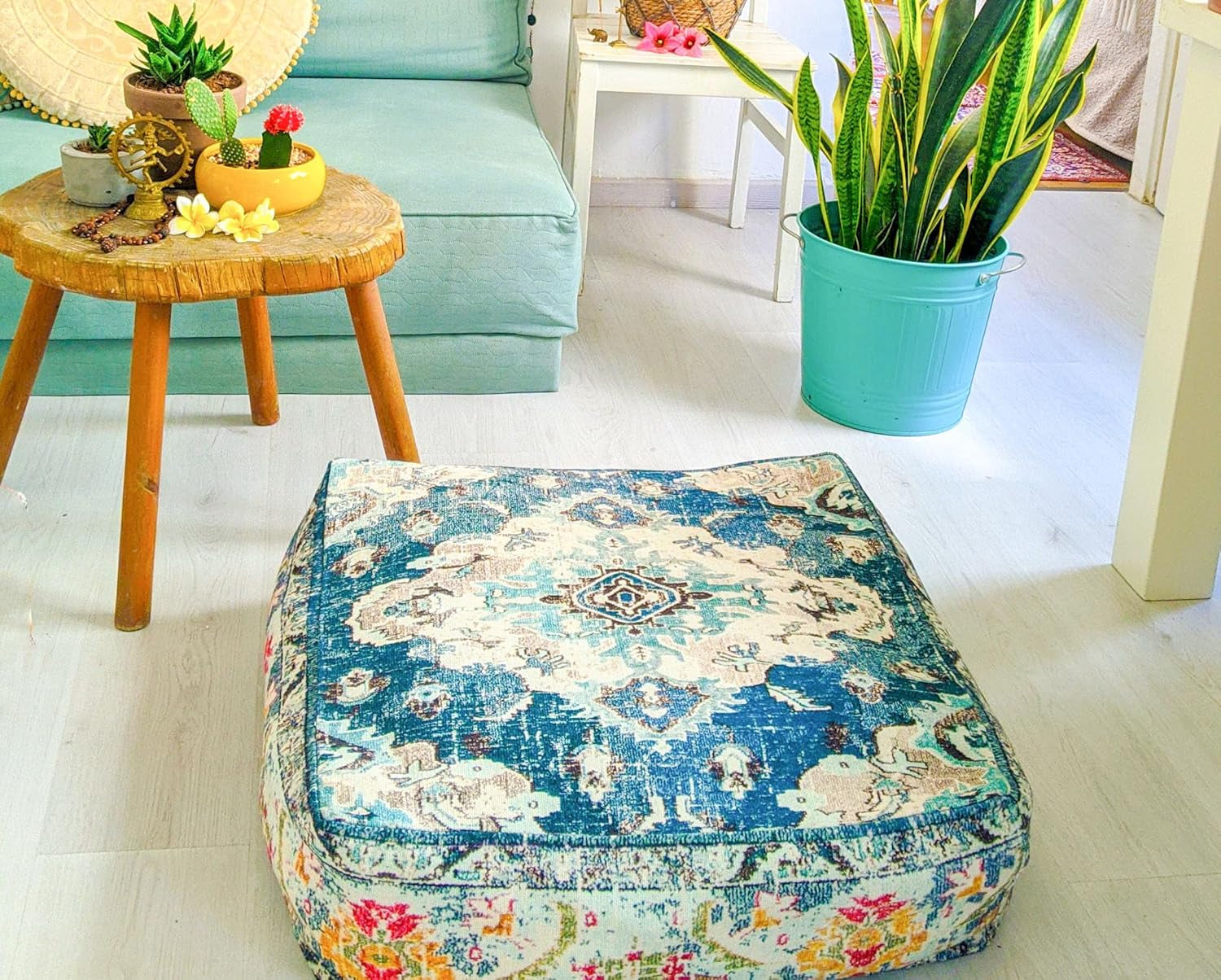 Blue Square Floor Pillow Cover Large Yoga Décor Cushion Moroccan Pouf Ottoman Boho Furniture Perfect for Living Room, Bedroom, Nursary or Children Room Seating Area Beanbag Footstool 24X8 Unstuffed