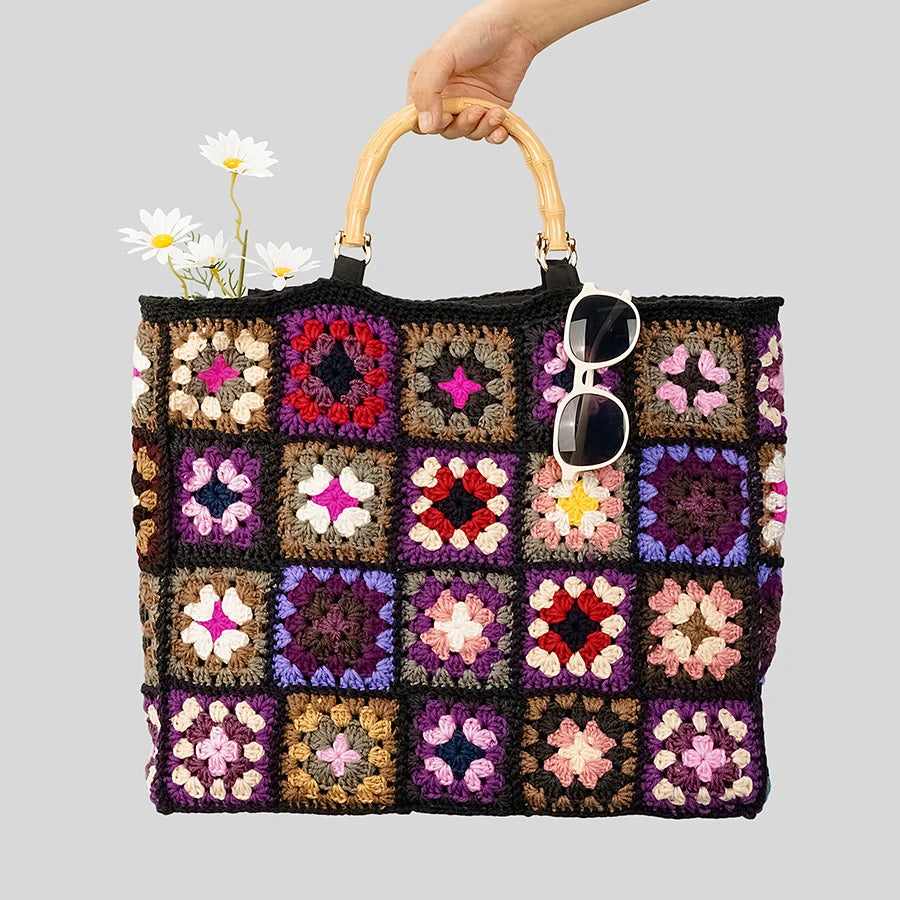 Crochet Square Tote Bag with Bamboo Handles