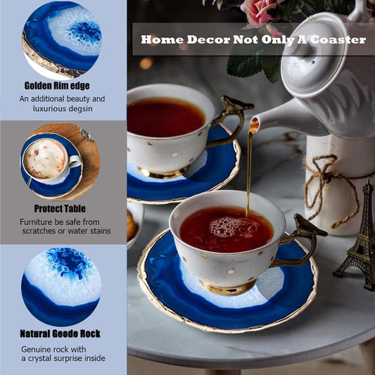 Blue Agate Coasters Set of 4,Brazilian Geode Coasters for Drinks with Gold Rim(4"-3.5"),Natural Gem Stone Coasters Blue,Gemstone Cup Mat for Home Decor by (4)