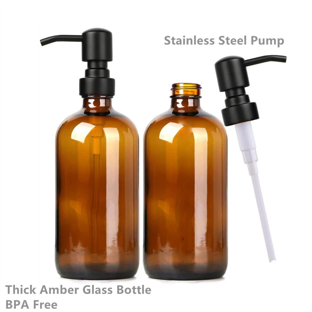 Amber Glass Soap Dispenser with Black Pump (2 pieces)
