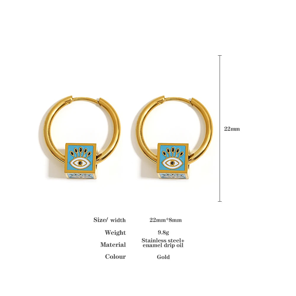 18K Gold Plated Enamel Evil Eye Cube Earrings