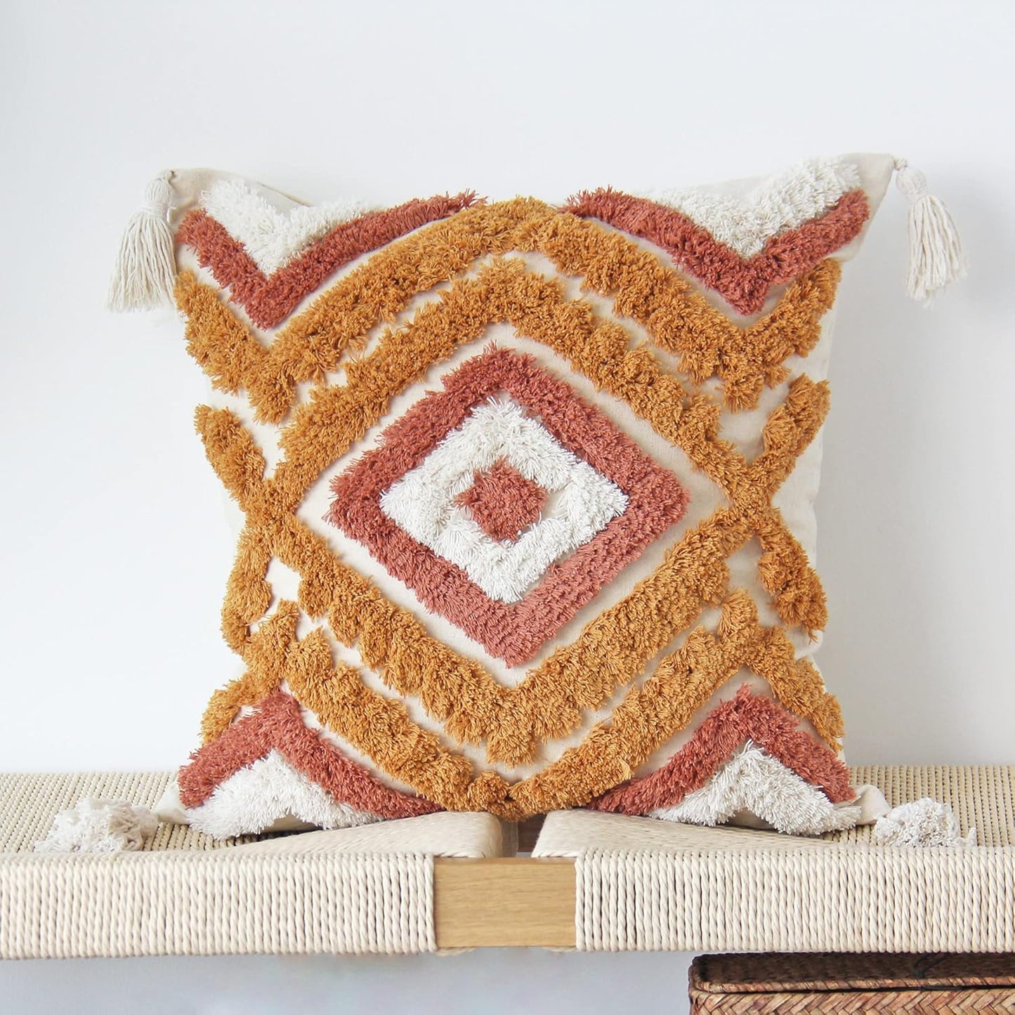 Boho Throw Pillow Covers with Handmade Tassels Decorative Woven Tufted Burnt Orange Pillowcase for Couch Bedroom 18 X 18 Inch