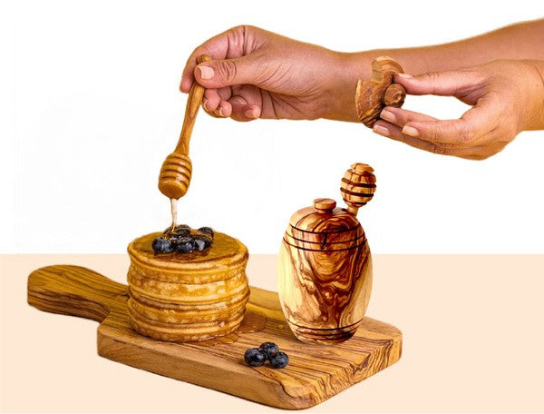 Olive Wood Honey Pot with Honey Dipper