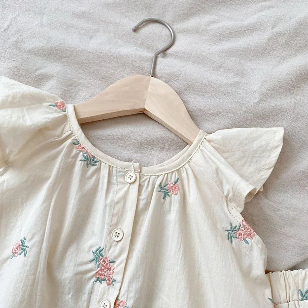 Girls' Embroidered Flower Print Two Piece Set