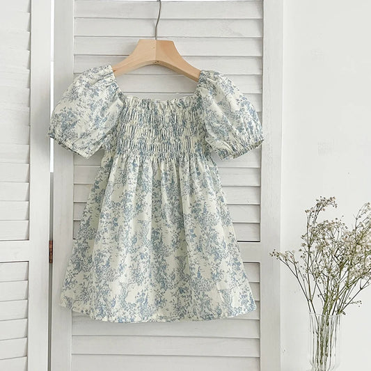 Girls Blue Flower Puff Sleeve Dress