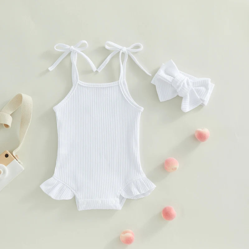 Baby Girls Romper with Tie-Up Spaghetti Straps & Headband