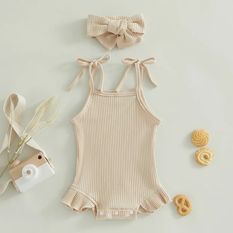 Baby Girls Romper with Tie-Up Spaghetti Straps & Headband