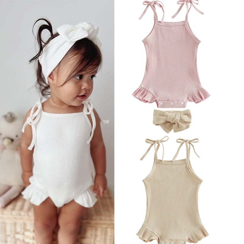 Baby Girls Romper with Tie-Up Spaghetti Straps & Headband
