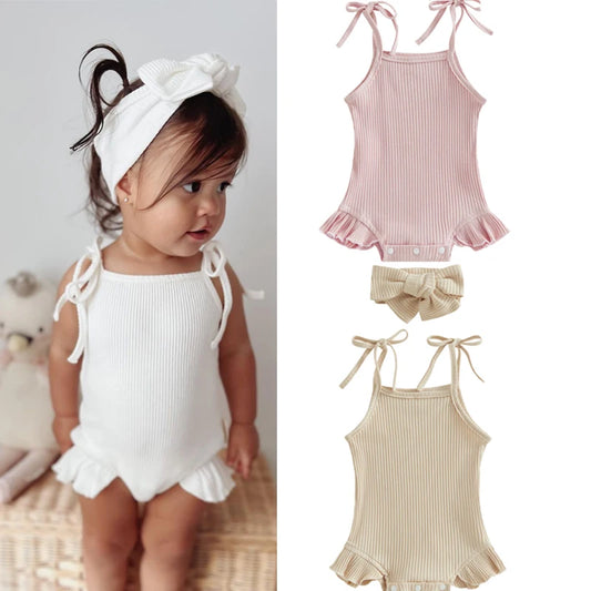 Baby Girls Romper with Tie-Up Spaghetti Straps & Headband