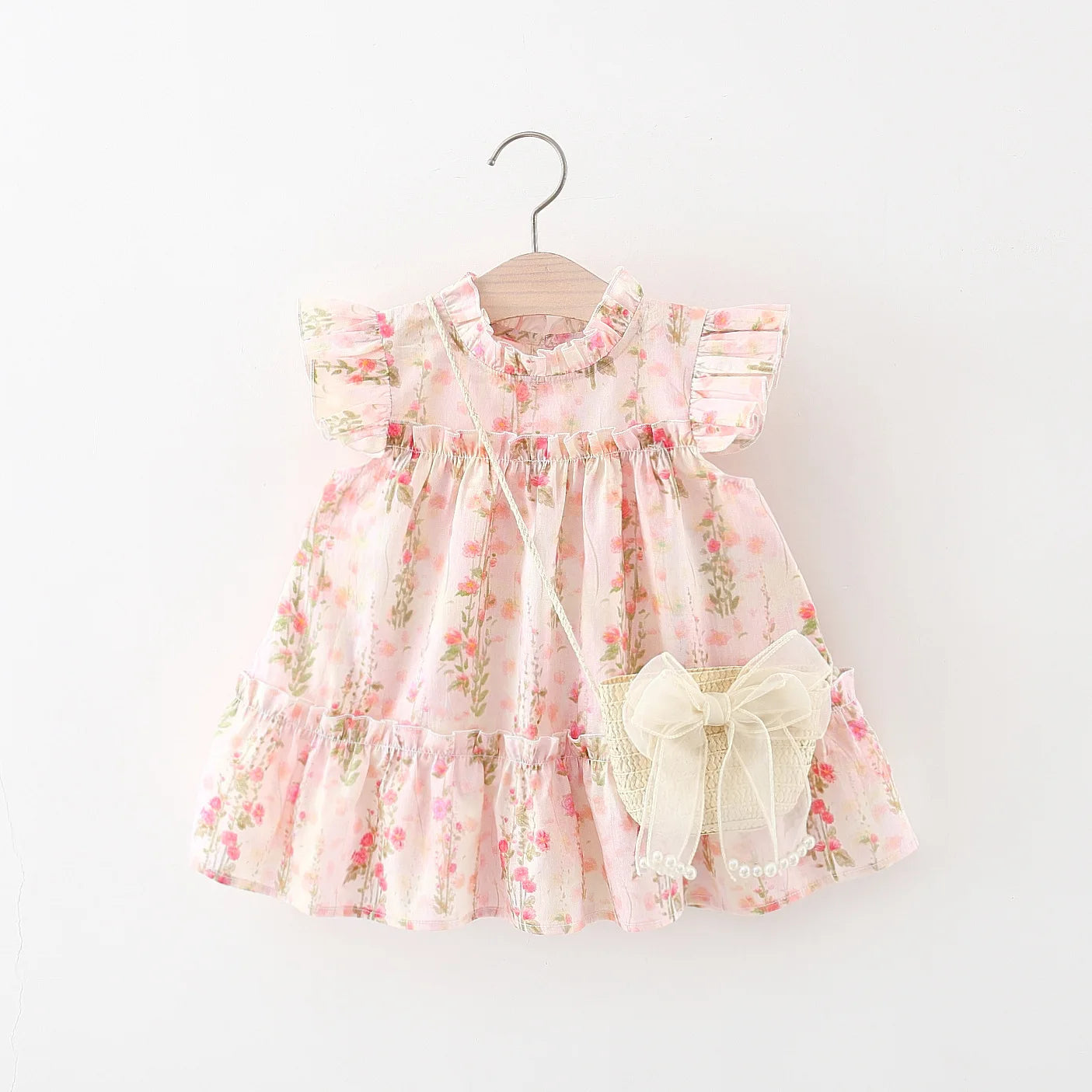 Girls Pink Floral Dress with Purse