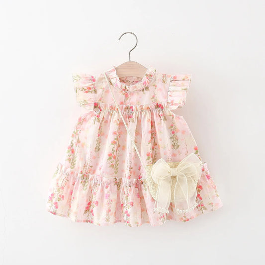 Girls Pink Floral Dress with Purse