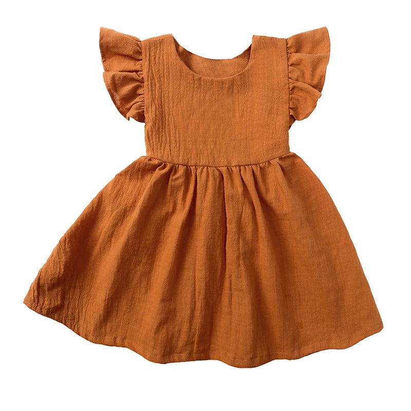Girl's Linen Party Dress with Flutter Sleeves (5 color options)
