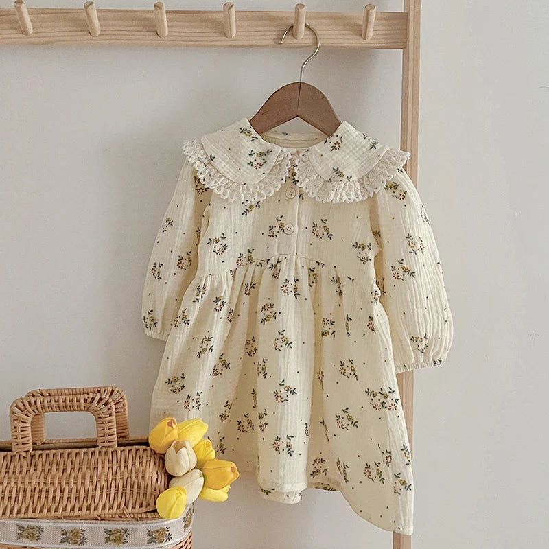 Girls Tiny Floral Cream Dress with Round Collar