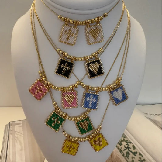 Beaded Heart & Cross Necklace (12 color options)