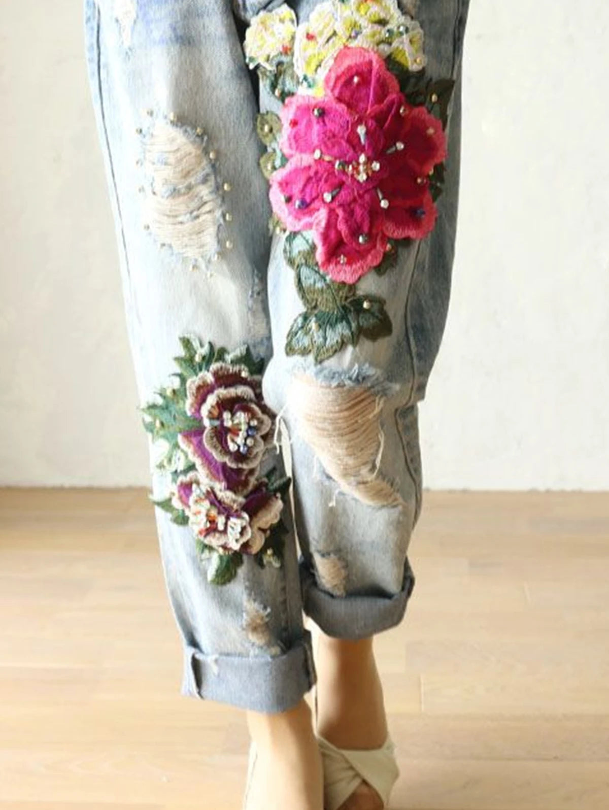 Floral Embroidery Denim Trousers