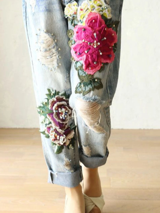 Floral Embroidery Denim Trousers