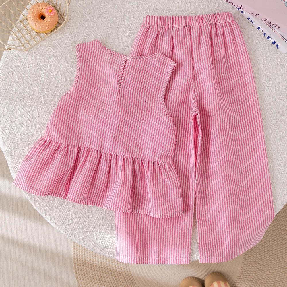 Girl's Pink Bow Striped Sleeveless Top & Pants Set