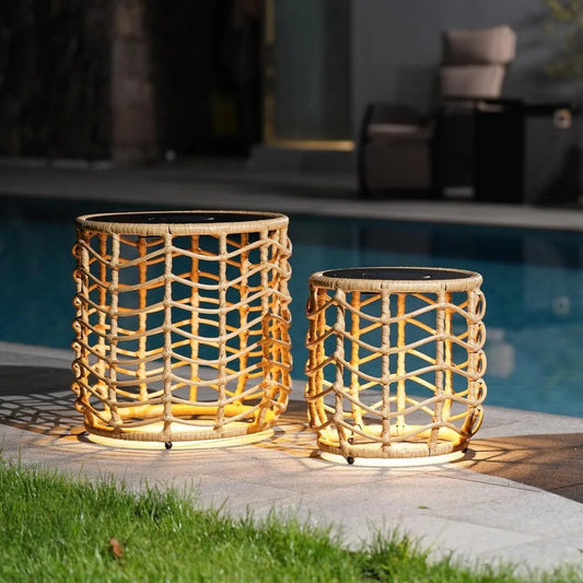 Boho Solar Nesting Tables with Built-in Lights - Set of 2, Weather-Resistant Wicker for Patio