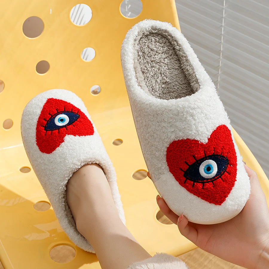 Embroidered Evil Eye Heart Slippers (Yellow or Red)