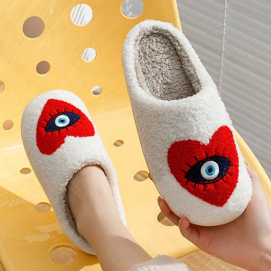 Embroidered Evil Eye Heart Slippers (Yellow or Red)