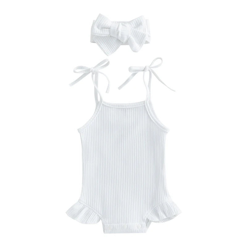 Baby Girls Romper with Tie-Up Spaghetti Straps & Headband