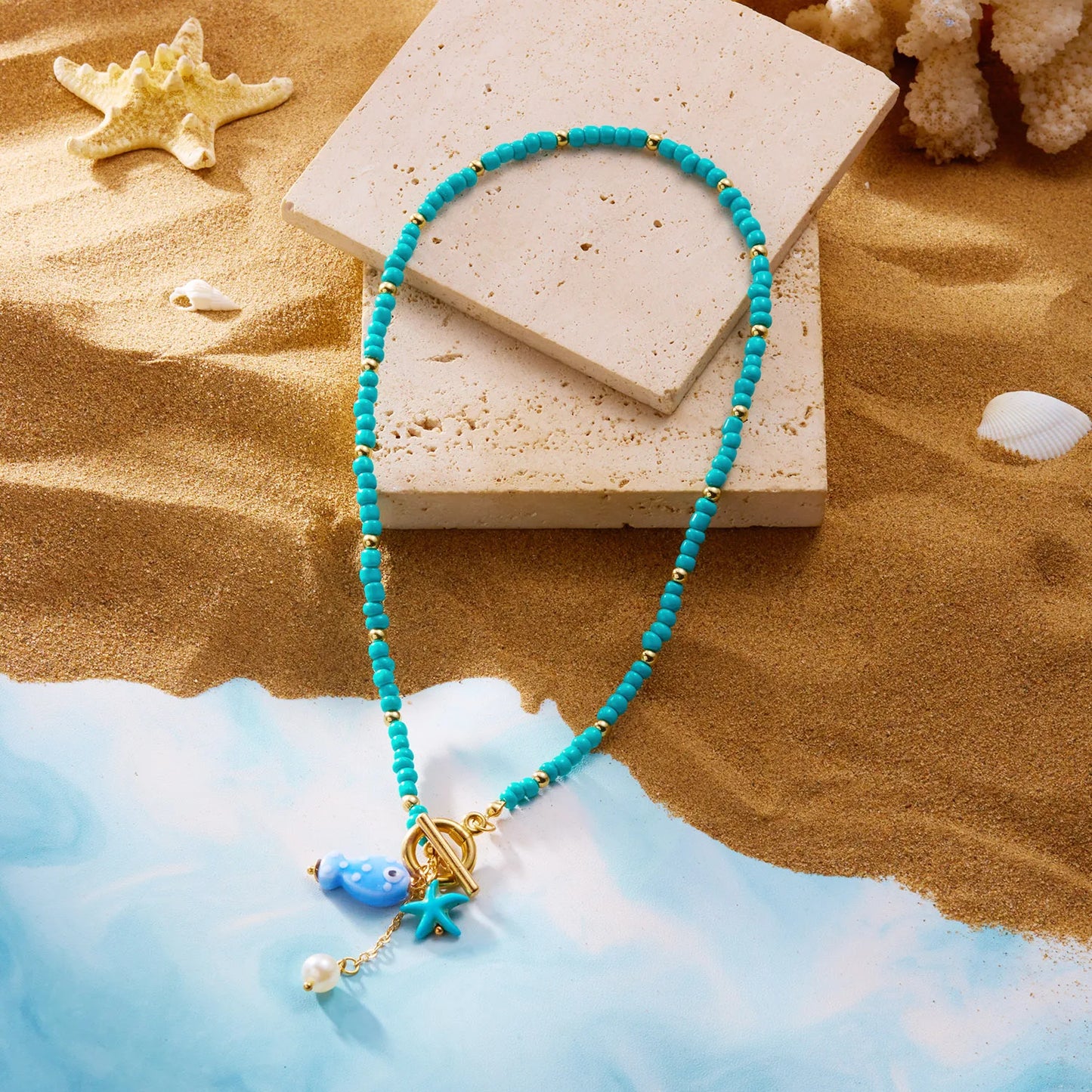 Ceramic Fish Charm Pendant with Rice Bead Necklace