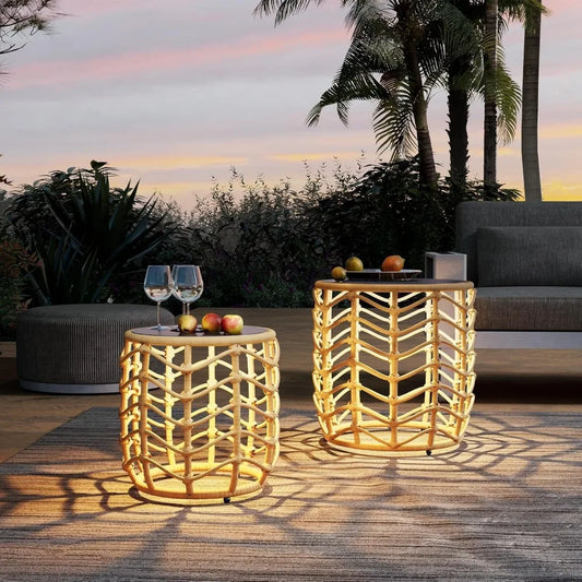 Boho Solar Nesting Tables with Built-in Lights - Set of 2, Weather-Resistant Wicker for Patio