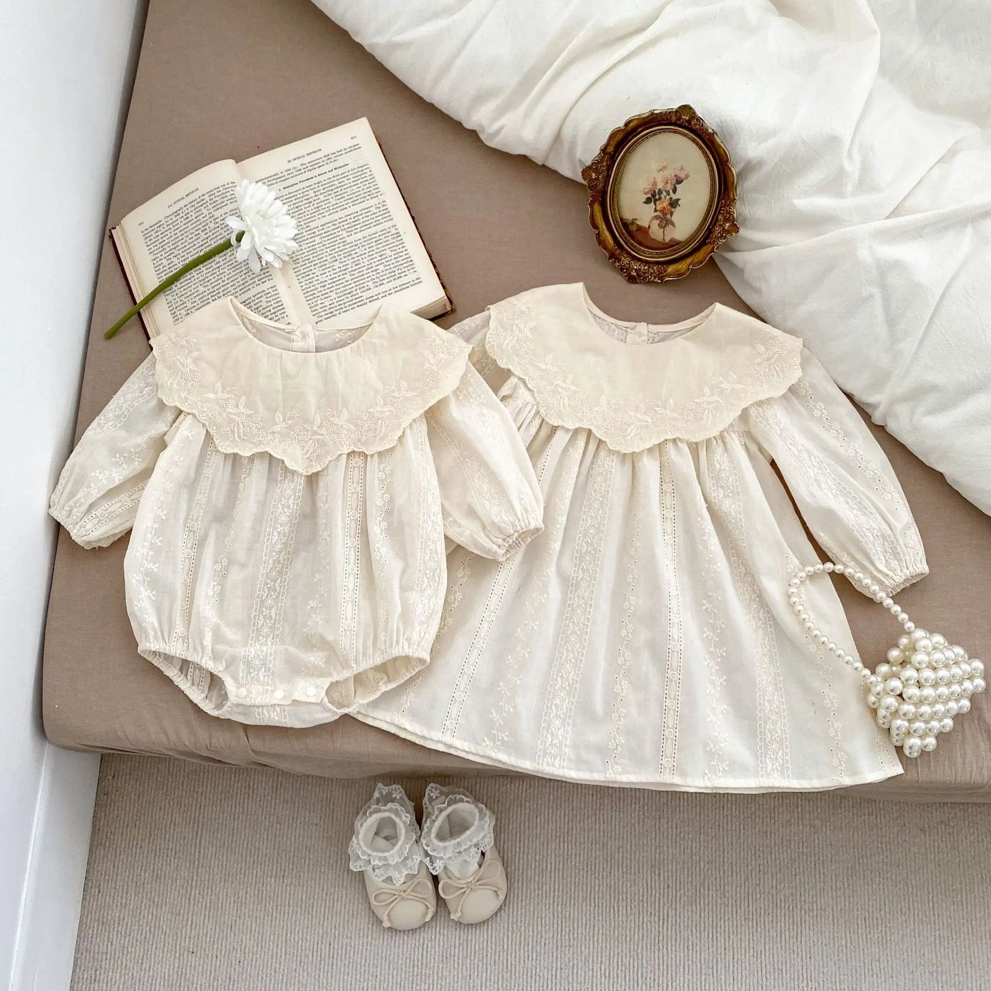 Baby Girl's Cream Embroidered Dress or Romper