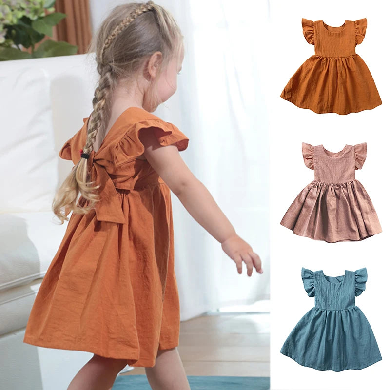 Girl's Linen Party Dress with Flutter Sleeves (5 color options)