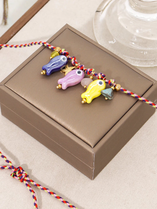 Ceramic Fish Charm & Adjustable Rope Necklace