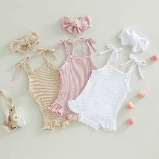 Baby Girls Romper with Tie-Up Spaghetti Straps & Headband