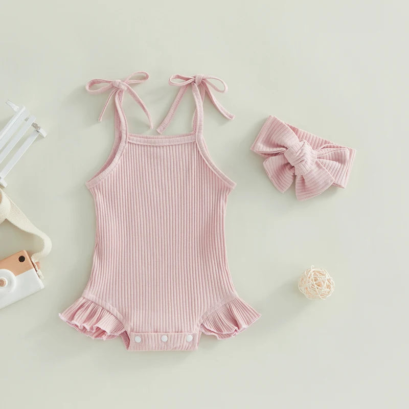 Baby Girls Romper with Tie-Up Spaghetti Straps & Headband
