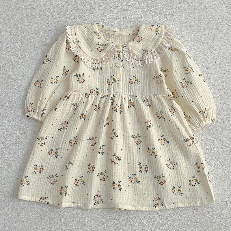 Girls Tiny Floral Cream Dress with Round Collar