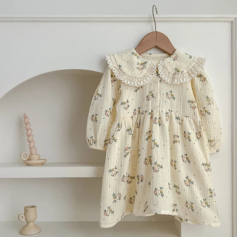 Girls Tiny Floral Cream Dress with Round Collar