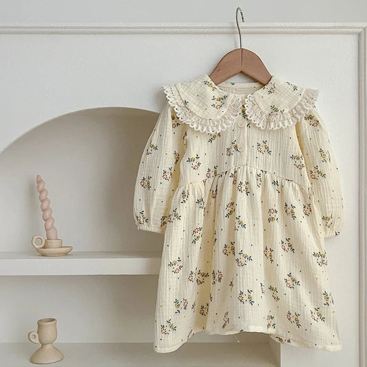Girls Tiny Floral Cream Dress with Round Collar