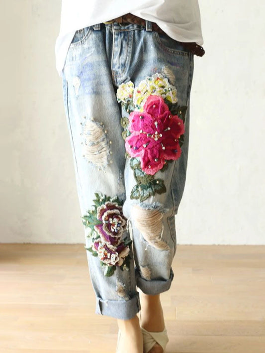 Floral Embroidery Denim Trousers