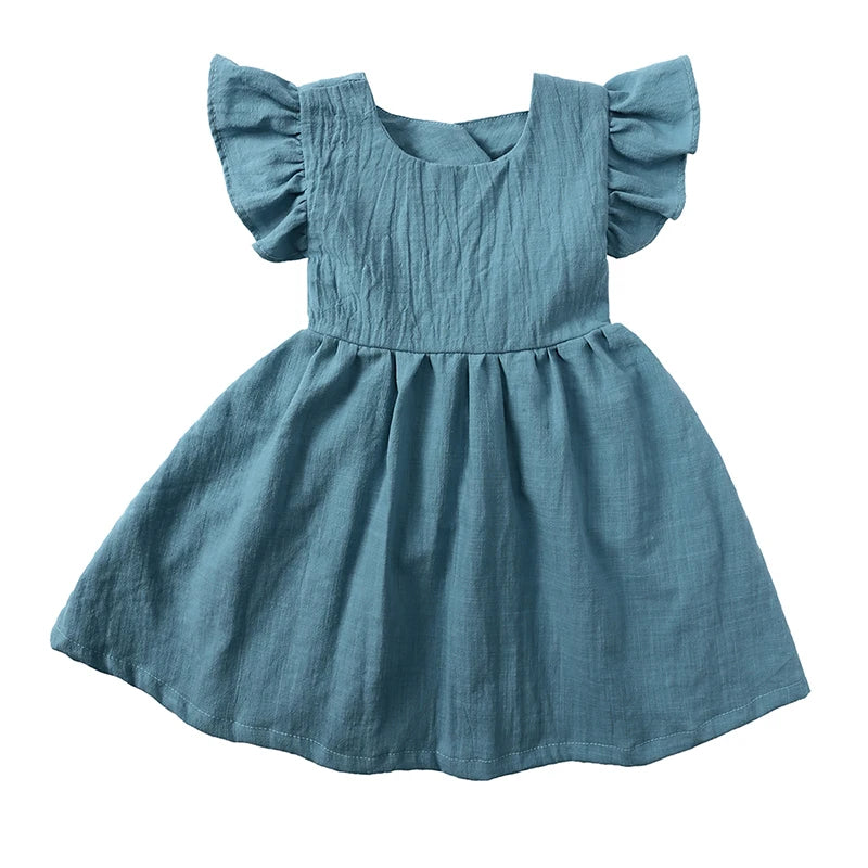 Girl's Linen Party Dress with Flutter Sleeves (5 color options)