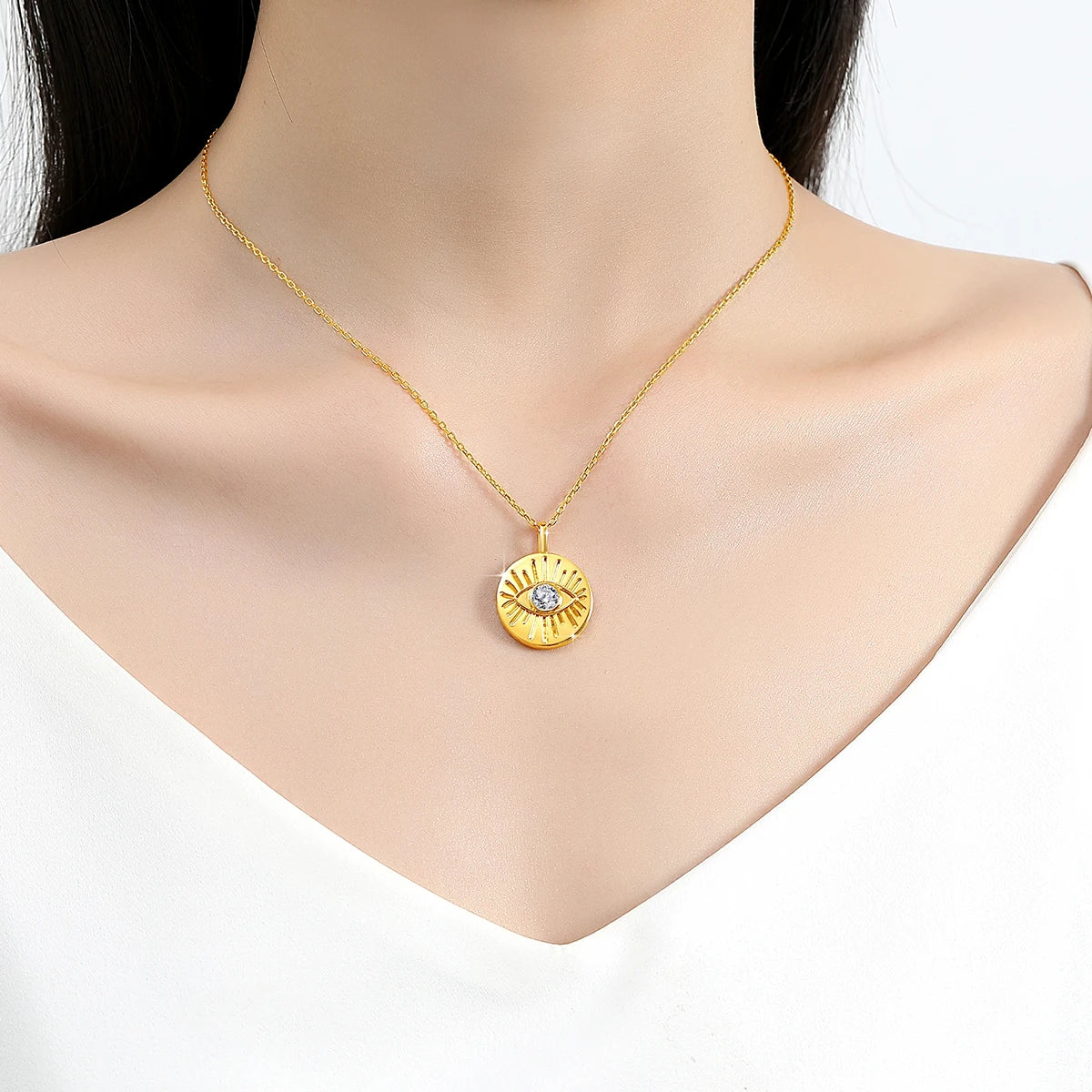 14K Gold Evil Eye Moissanite Pendant with Gold Plated Sterling Silver Chain