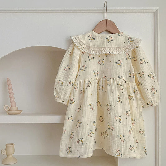 Girls Tiny Floral Cream Dress with Round Collar