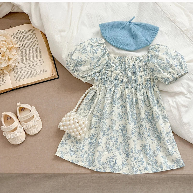 Girls Blue Flower Puff Sleeve Dress