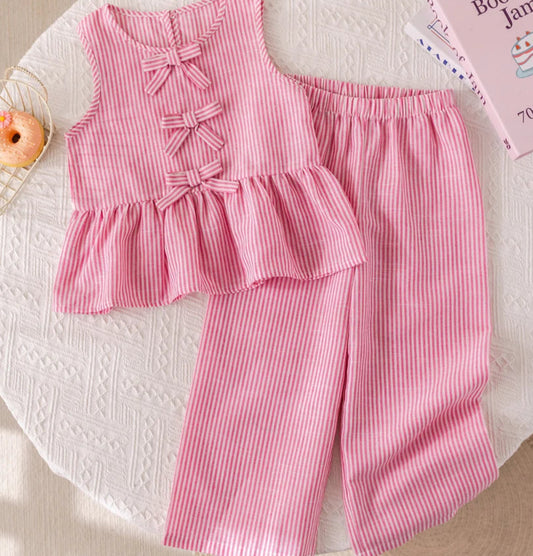 Girl's Pink Bow Striped Sleeveless Top & Pants Set