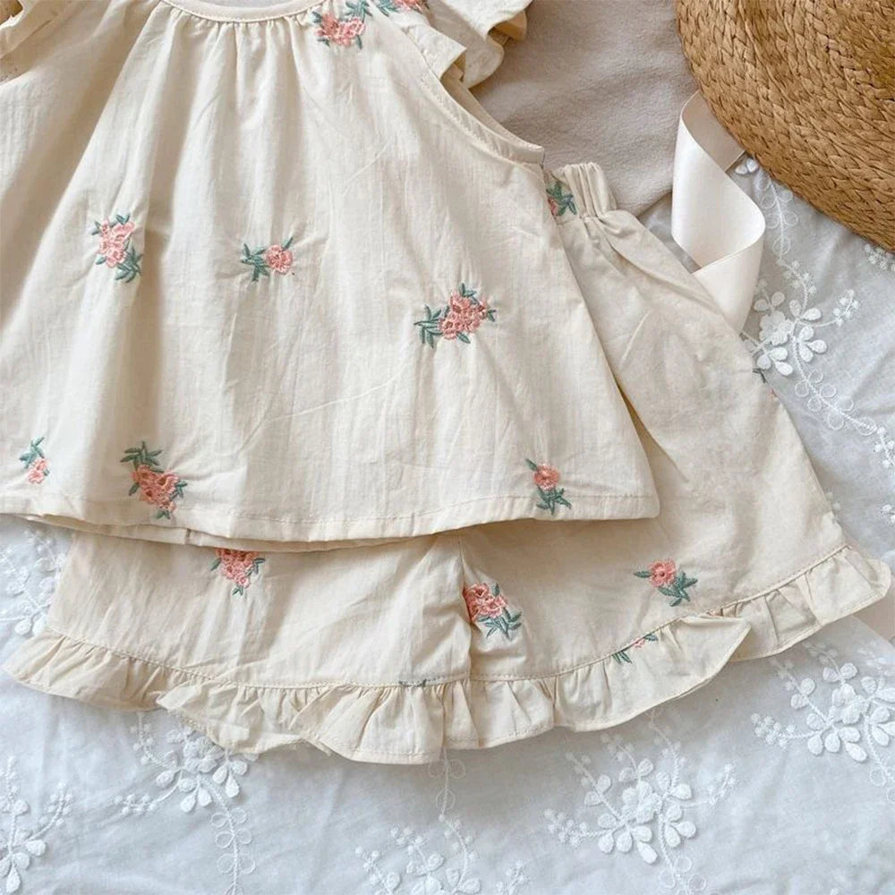 Girls' Embroidered Flower Print Two Piece Set
