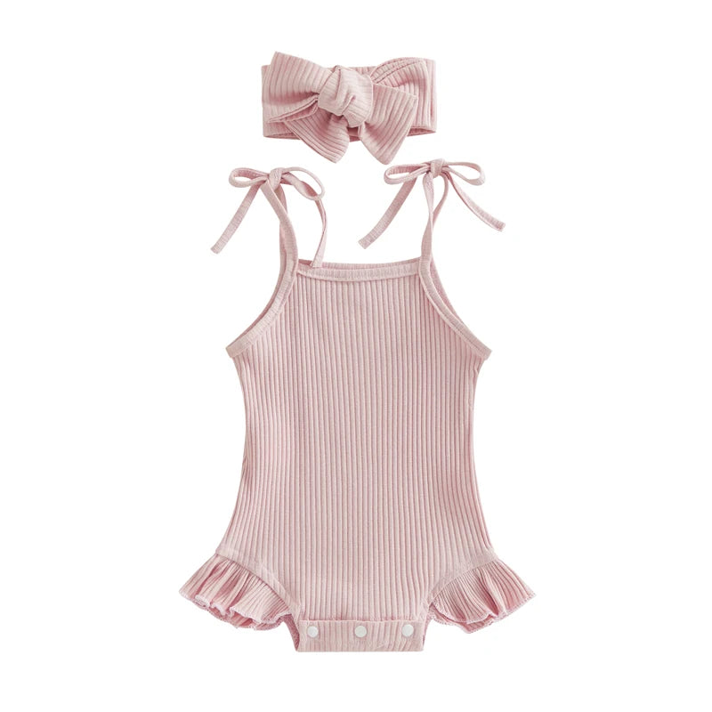Baby Girls Romper with Tie-Up Spaghetti Straps & Headband