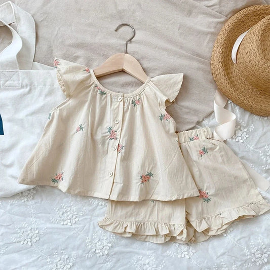 Girls' Embroidered Flower Print Two Piece Set
